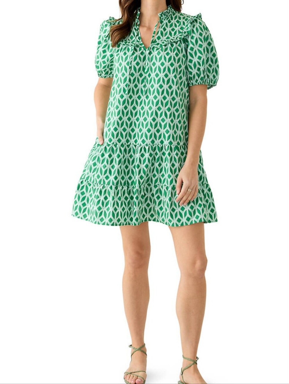 Green Printed Short Sleeve Ruffle Neck Tiered Dress